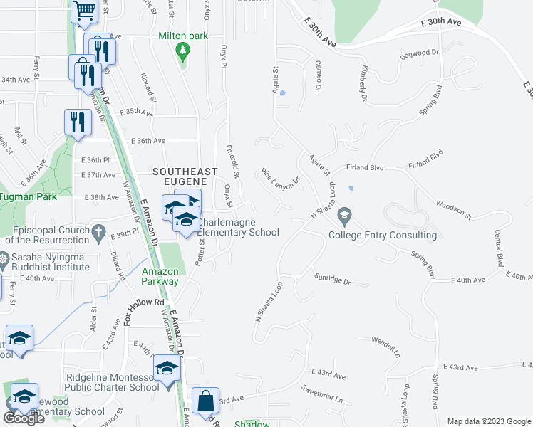 map of restaurants, bars, coffee shops, grocery stores, and more near 3784 Pine Canyon Drive in Eugene