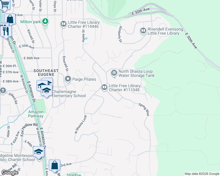 map of restaurants, bars, coffee shops, grocery stores, and more near 3787 North Shasta Loop in Eugene