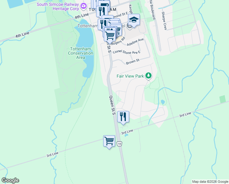 map of restaurants, bars, coffee shops, grocery stores, and more near 26 Totten Trail in New Tecumseth