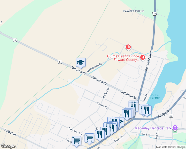map of restaurants, bars, coffee shops, grocery stores, and more near 56 Johnson Street in Prince Edward