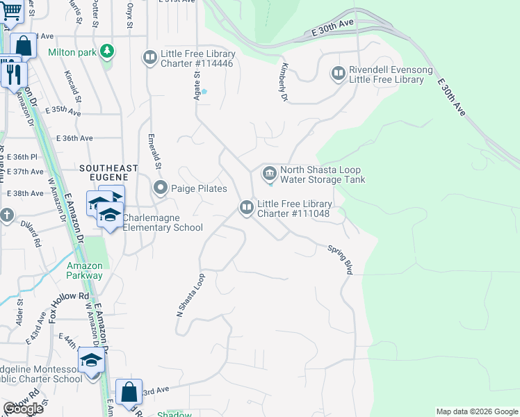 map of restaurants, bars, coffee shops, grocery stores, and more near 3787 North Shasta Loop in Eugene