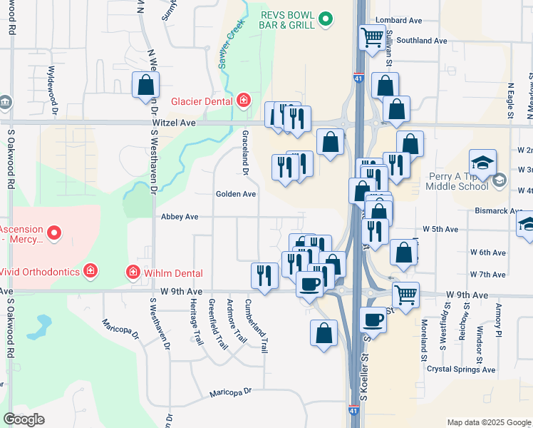 map of restaurants, bars, coffee shops, grocery stores, and more near 2158 Abbey Avenue in Oshkosh