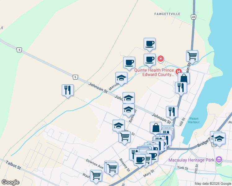 map of restaurants, bars, coffee shops, grocery stores, and more near 56 Johnson Street in Prince Edward