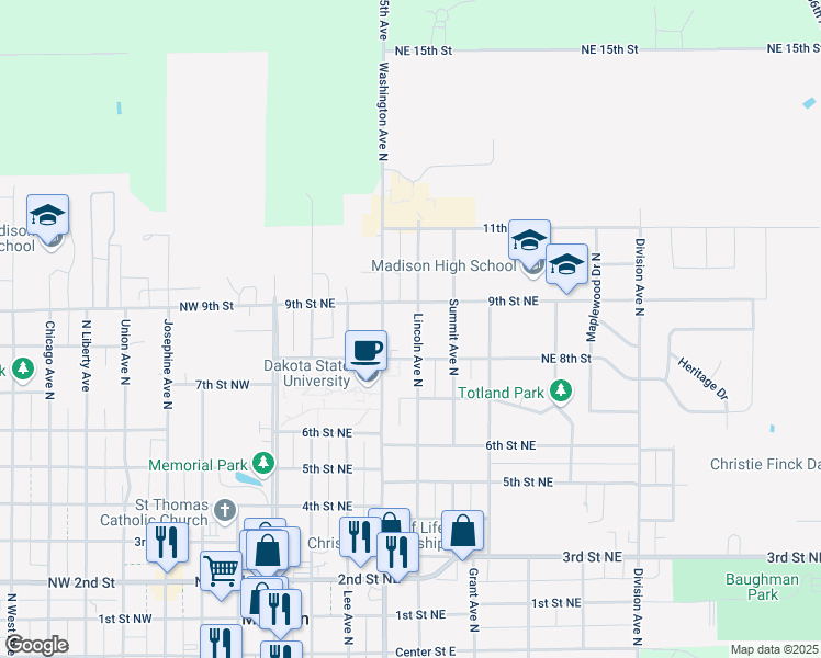 map of restaurants, bars, coffee shops, grocery stores, and more near 901-999 Lincoln Avenue North in Madison
