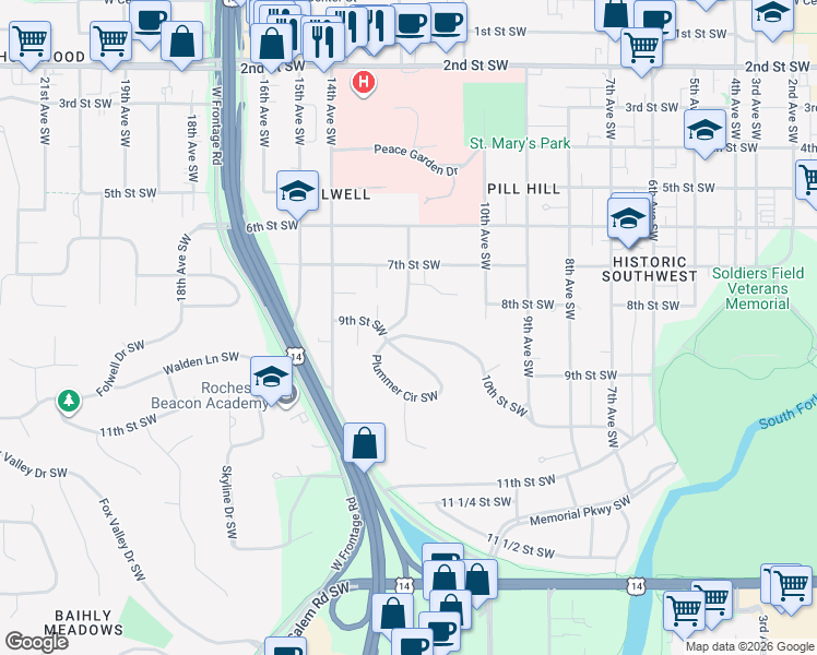 map of restaurants, bars, coffee shops, grocery stores, and more near 900 12th Avenue Southwest in Rochester