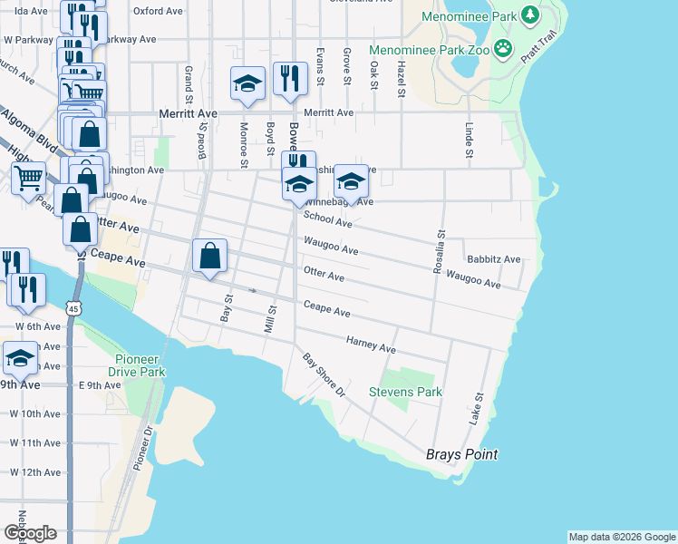 map of restaurants, bars, coffee shops, grocery stores, and more near 916 Otter Avenue in Oshkosh