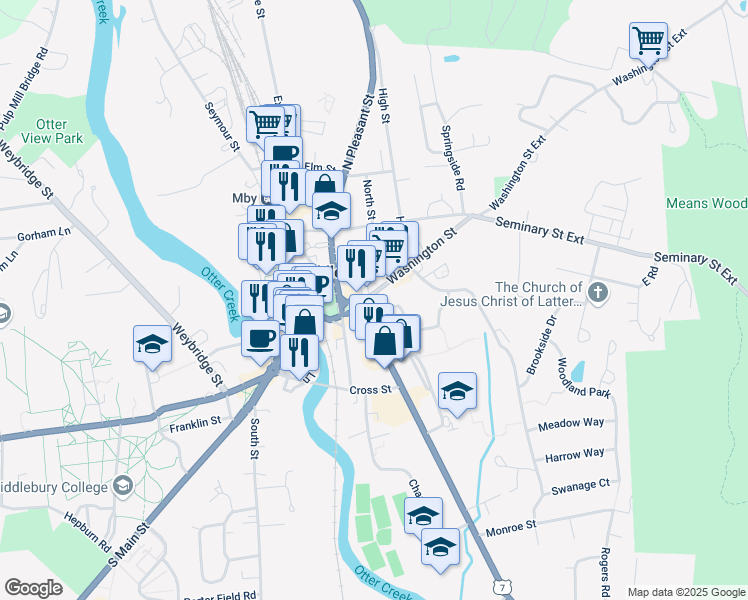 map of restaurants, bars, coffee shops, grocery stores, and more near 1 Court Street in Middlebury