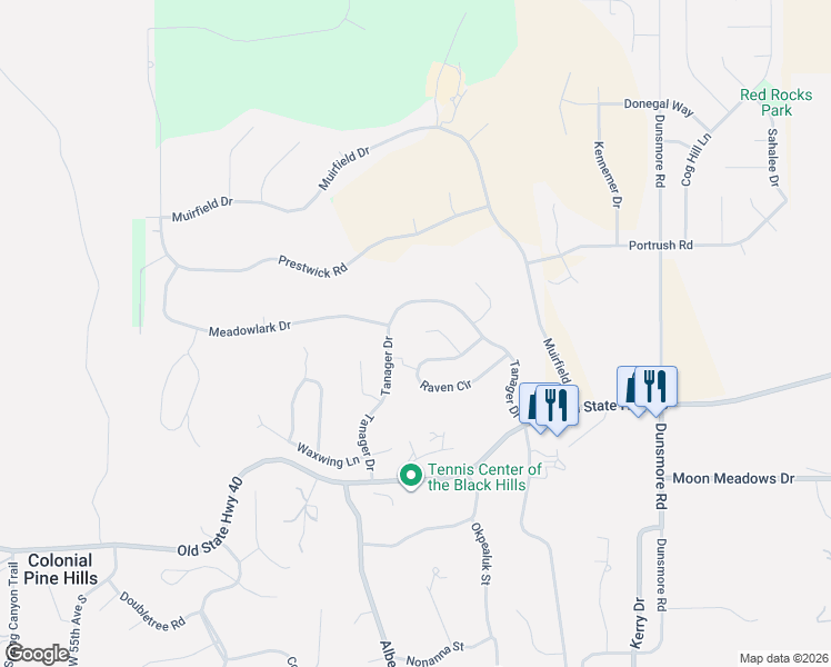 map of restaurants, bars, coffee shops, grocery stores, and more near 7321 Raven Court in Rapid City