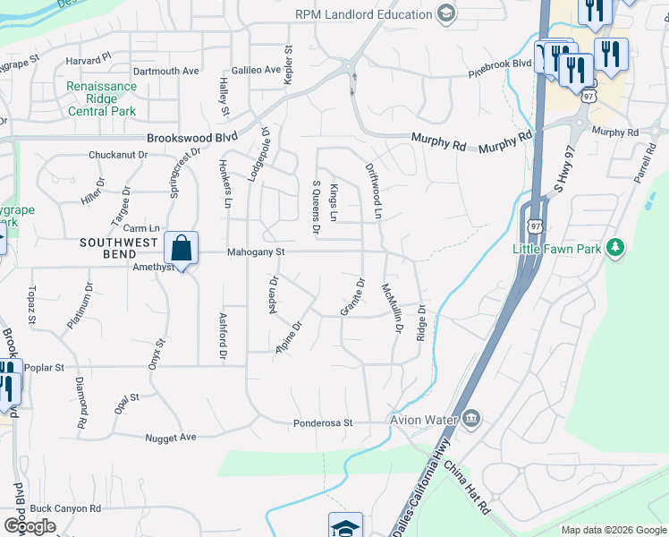 map of restaurants, bars, coffee shops, grocery stores, and more near 19908 Lynx Lane in Bend