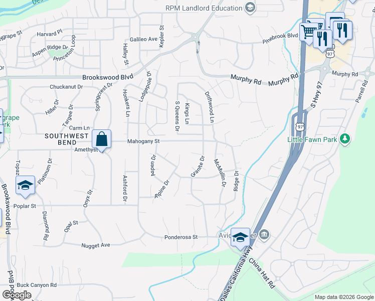 map of restaurants, bars, coffee shops, grocery stores, and more near 19889 Mahogany Street in Bend