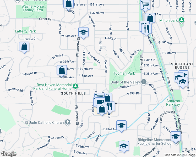 map of restaurants, bars, coffee shops, grocery stores, and more near 280 East 38th Avenue in Eugene