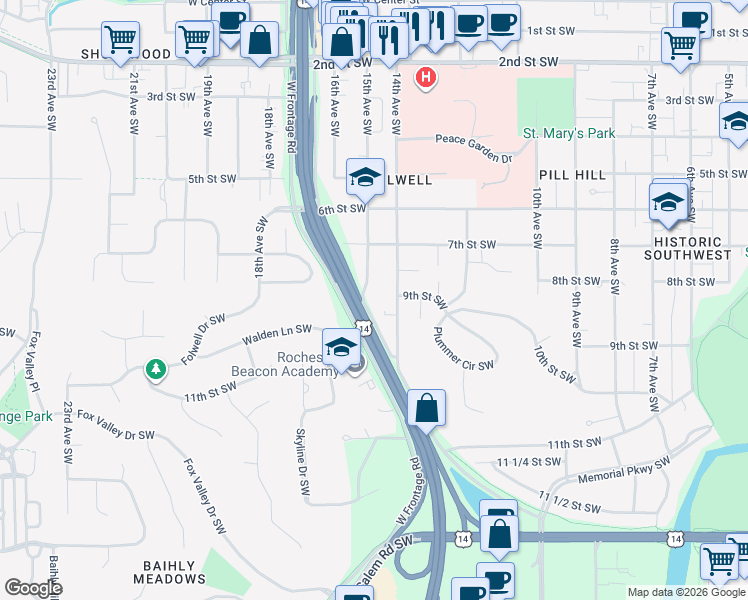 map of restaurants, bars, coffee shops, grocery stores, and more near 902 17th Avenue Southwest in Rochester
