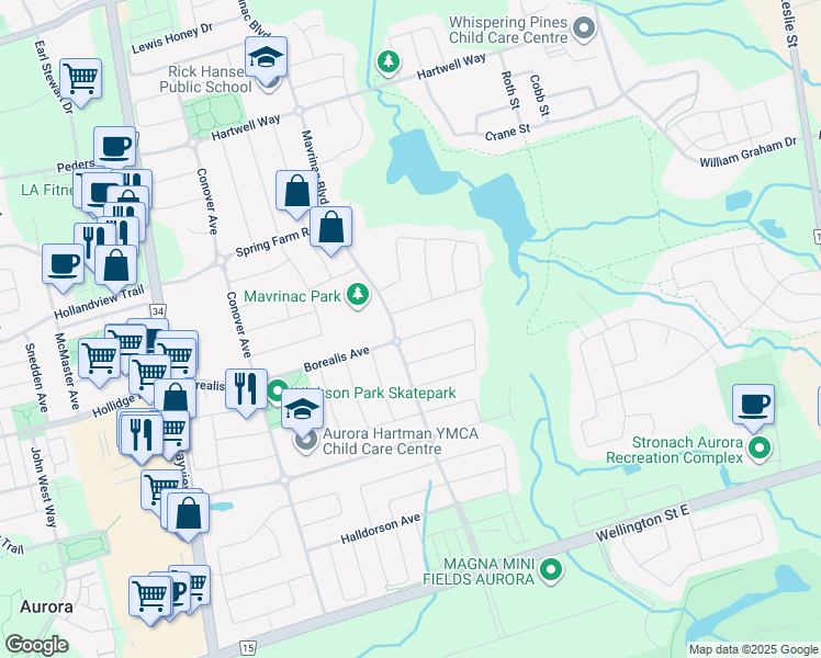 map of restaurants, bars, coffee shops, grocery stores, and more near 225 Tonner Crescent in Aurora
