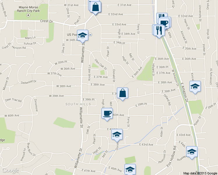 map of restaurants, bars, coffee shops, grocery stores, and more near 280 East 38th Avenue in Eugene