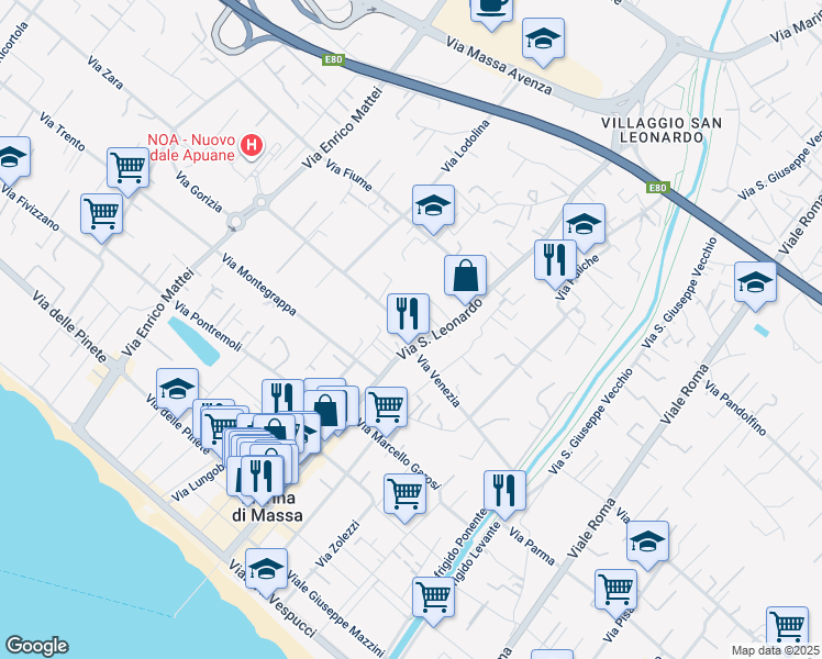 map of restaurants, bars, coffee shops, grocery stores, and more near 298 Via San Leonardo in Marina di Massa