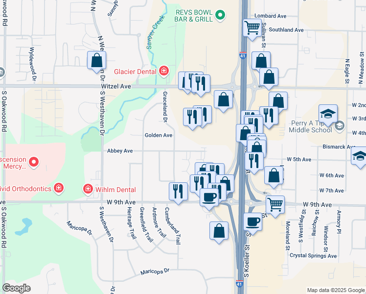 map of restaurants, bars, coffee shops, grocery stores, and more near 2158 Abbey Avenue in Oshkosh