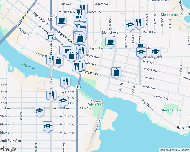 map of restaurants, bars, coffee shops, grocery stores, and more near 101 Court Street in Oshkosh