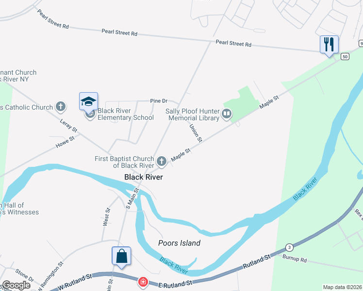 map of restaurants, bars, coffee shops, grocery stores, and more near 151 Maple Street in Black River