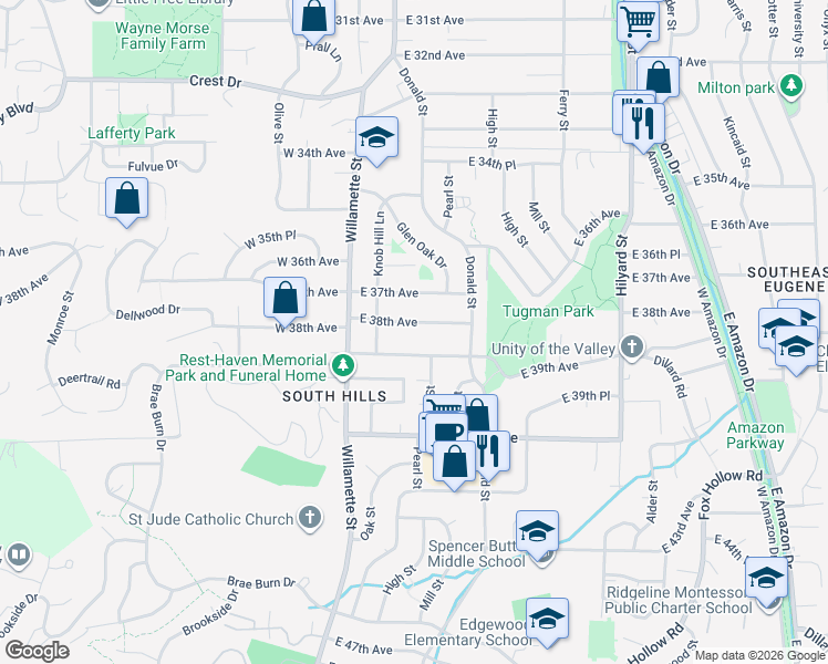 map of restaurants, bars, coffee shops, grocery stores, and more near 220 E 38th Ave in Eugene