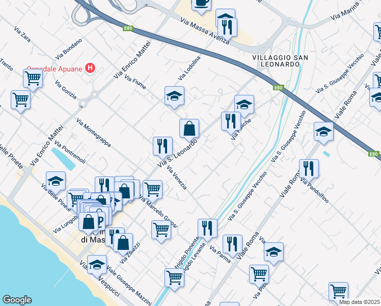 map of restaurants, bars, coffee shops, grocery stores, and more near 243 Via San Leonardo in Marina di Massa