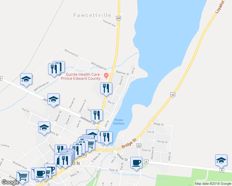 map of restaurants, bars, coffee shops, grocery stores, and more near 9 Division Street in Prince Edward