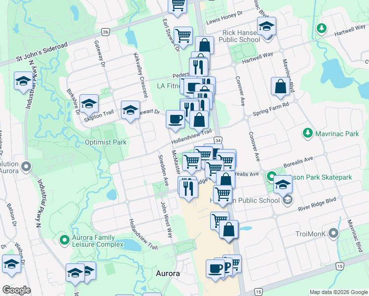 map of restaurants, bars, coffee shops, grocery stores, and more near 173 Baywell Crescent in Aurora