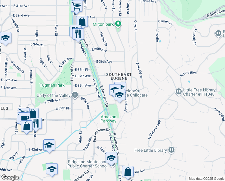 map of restaurants, bars, coffee shops, grocery stores, and more near 3810 Kincaid Street in Eugene