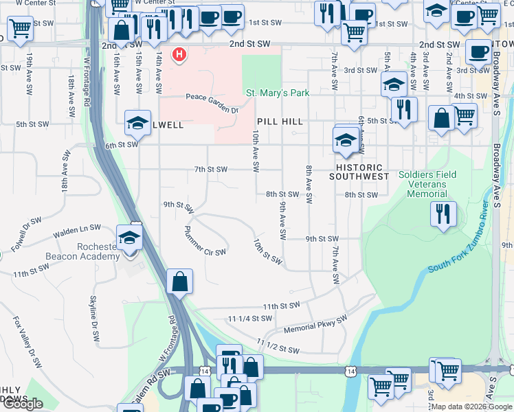 map of restaurants, bars, coffee shops, grocery stores, and more near 1106 8th Street Southwest in Rochester