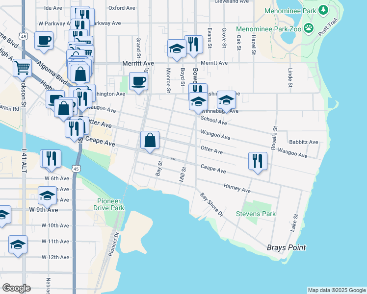 map of restaurants, bars, coffee shops, grocery stores, and more near 641 Otter Avenue in Oshkosh