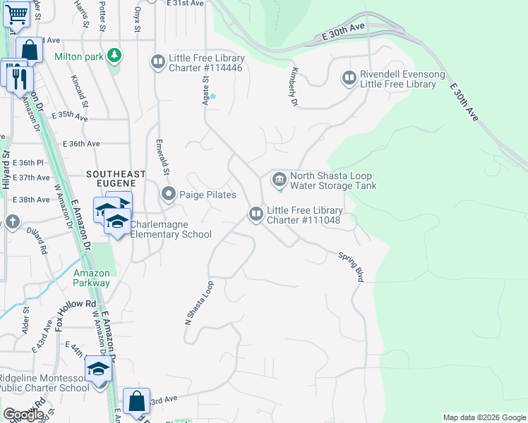 map of restaurants, bars, coffee shops, grocery stores, and more near 3787 North Shasta Loop in Eugene