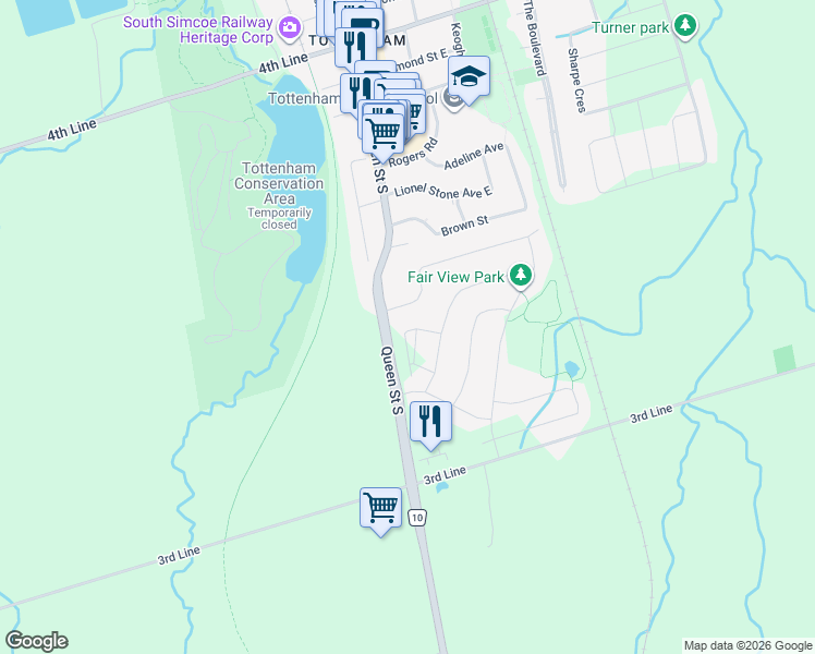 map of restaurants, bars, coffee shops, grocery stores, and more near 18 Totten Trail in New Tecumseth