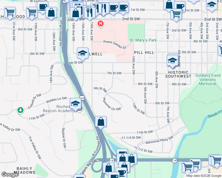 map of restaurants, bars, coffee shops, grocery stores, and more near 900 12th Avenue Southwest in Rochester