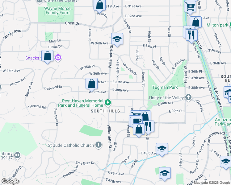 map of restaurants, bars, coffee shops, grocery stores, and more near 3804 Knob Hill Lane in Eugene