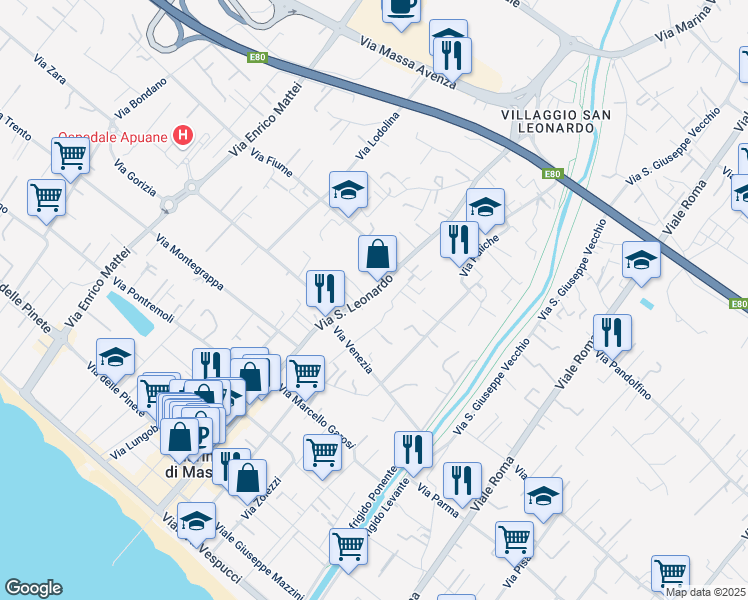map of restaurants, bars, coffee shops, grocery stores, and more near 243 Via San Leonardo in Marina di Massa