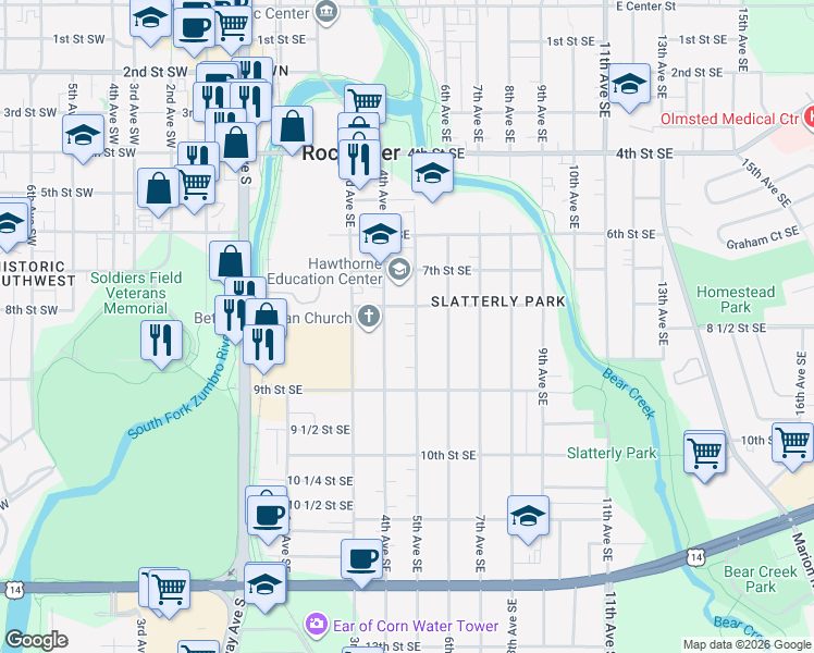 map of restaurants, bars, coffee shops, grocery stores, and more near 816 4th Avenue Southeast in Rochester