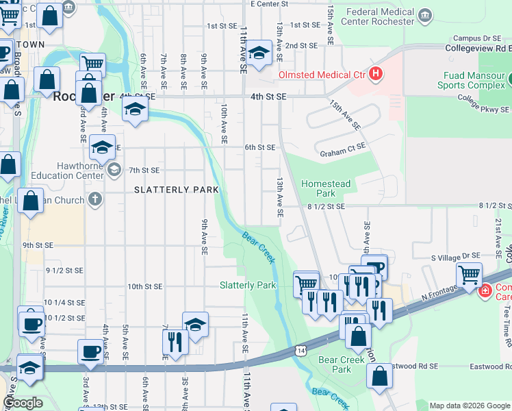 map of restaurants, bars, coffee shops, grocery stores, and more near 813 12th Avenue Southeast in Rochester