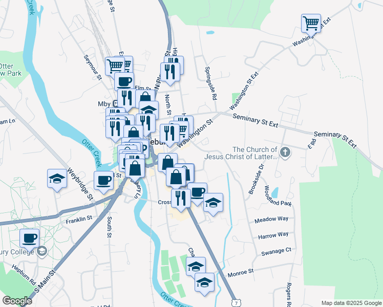 map of restaurants, bars, coffee shops, grocery stores, and more near 8 Buttolph Drive in Middlebury