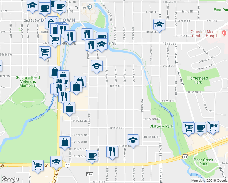 map of restaurants, bars, coffee shops, grocery stores, and more near 815 6th Avenue Southeast in Rochester