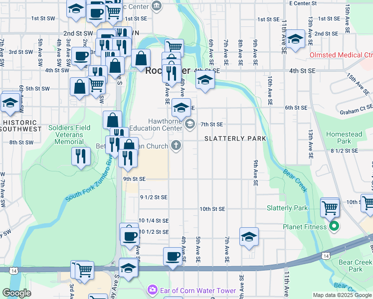 map of restaurants, bars, coffee shops, grocery stores, and more near 816 4th Avenue Southeast in Rochester