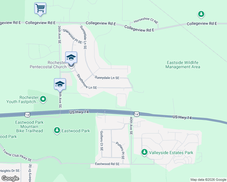 map of restaurants, bars, coffee shops, grocery stores, and more near 3834 Strathmore Lane Southeast in Rochester