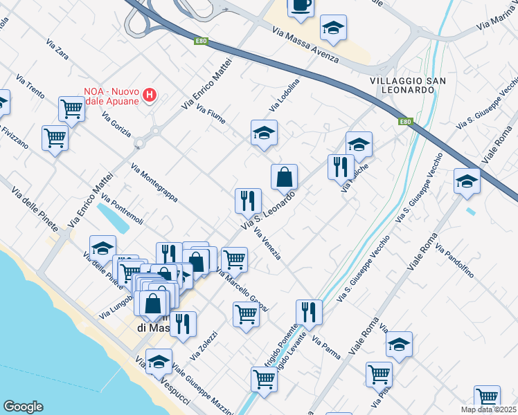 map of restaurants, bars, coffee shops, grocery stores, and more near 298 Via San Leonardo in Marina di Massa