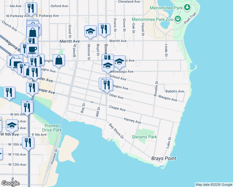 map of restaurants, bars, coffee shops, grocery stores, and more near 916 Otter Avenue in Oshkosh