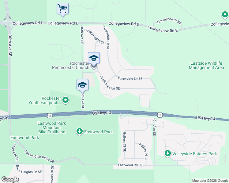 map of restaurants, bars, coffee shops, grocery stores, and more near 3712 Strathmore Lane Southeast in Rochester