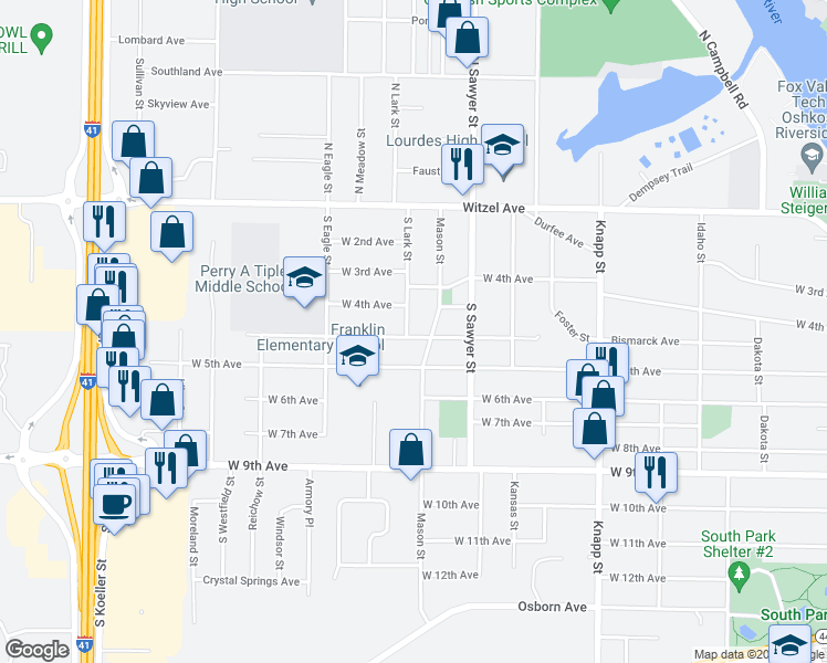 map of restaurants, bars, coffee shops, grocery stores, and more near 1316 Bismarck Avenue in Oshkosh