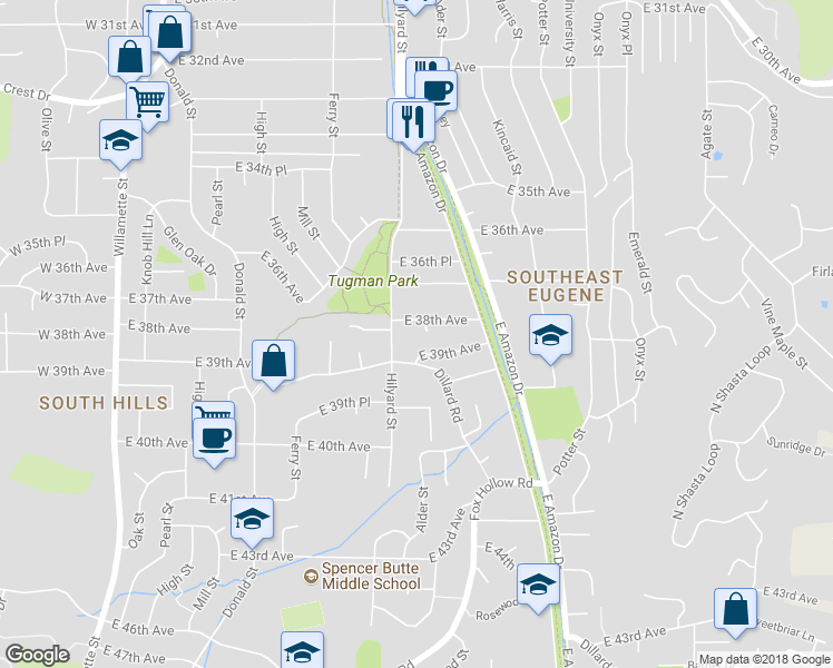 map of restaurants, bars, coffee shops, grocery stores, and more near 780 East 38th Avenue in Eugene