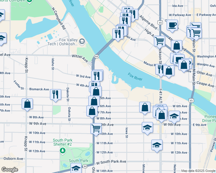 map of restaurants, bars, coffee shops, grocery stores, and more near 508 West 4th Avenue in Oshkosh