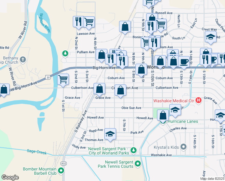 map of restaurants, bars, coffee shops, grocery stores, and more near 301-399 S 6th St in Worland