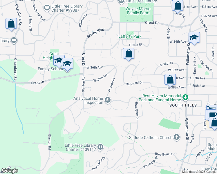 map of restaurants, bars, coffee shops, grocery stores, and more near 3833 Monroe Street in Eugene