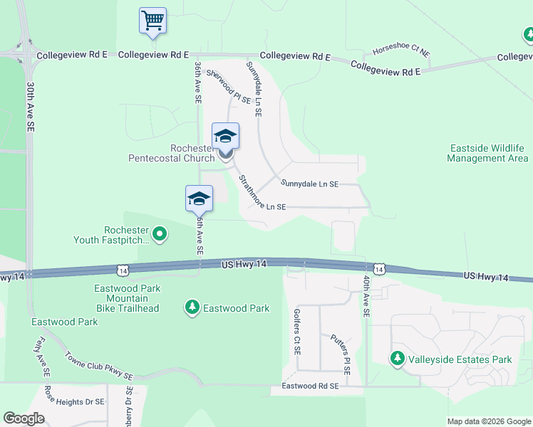 map of restaurants, bars, coffee shops, grocery stores, and more near 3712 Strathmore Lane Southeast in Rochester