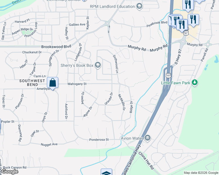 map of restaurants, bars, coffee shops, grocery stores, and more near 60980 Granite Drive in Bend